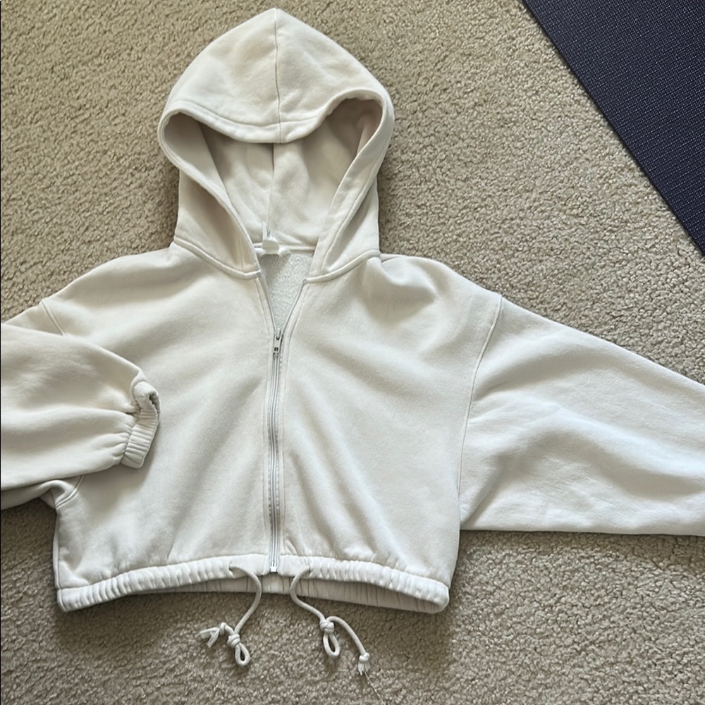 Cream Cropped Zip-Up Hoodie